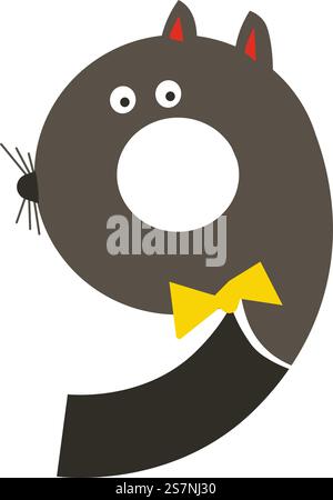 Nummer neun, isolierte, süße Persönlichkeit mit Maulkorb im Smoking. Katze in Form von 9, Mathematik für Kinder und Vorschulkinder. Pädagogische kindliche Schriftart. Vektor in abgewickelter Form. Süße Schriften für Kinder, Nummer neun-Zeichen-Vektor Stock Vektor