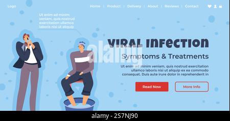 Behandlung und Symptome der Virusinfektion, lesen Sie jetzt und erhalten Sie mehr Informationen. Menschen mit Anzeichen von Krankheit oder Krankheit zeigen. Vorlage für Website-Landing-Page, Internet-Site. Vektor in abgewickelter Form. Symptome und Behandlung des viralen Infektionsnetzes Stock Vektor