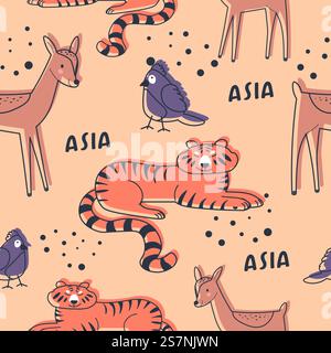 Tierwelt Asiens, asiatische Charaktere und tierische Persönlichkeiten. Tiger und Hirsch, Vogel mit Gefieder. Tierwelt und Natur. Nahtloses Muster, Hintergrundbild oder Hintergrund. Vektor in abgewickelter Form. Nahtloses Muster mit asiatischen Tieren, Tigern und Vogel Stock Vektor
