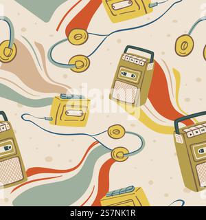 Altmodisches Magnetophon oder Player mit Kopfhörern und Kassettenknöpfen. Vintage- oder Retro-Gadgets für den persönlichen Gebrauch. Nahtloses Muster, Hintergrundbild oder Hintergrund. Vektor in abgewickelter Form. Vintage-Gadget zum Musikspielen, Magnetophon Stock Vektor
