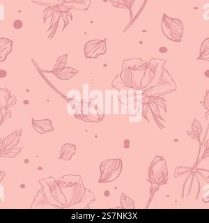 Blühende Rosen mit Blütenblättern, Stängeln und Blättern. Blühendes Blumendesign und Frühlingsblüte, Blumendesign mit Skizzen. Nahtloses Muster, Hintergrundbild oder Hintergrund. Vektor in abgewickelter Form. Blühende Rosen mit Blüten und Blättern, Muster Stock Vektor