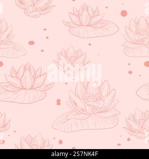 Blühende Blumen mit Blättern und Blättern, Lotus auf Wasser. lilienflora, Blüte und Blüte der Pflanzen, Vielfalt der Vegetation. Nahtloses Muster, Hintergrundbild oder Hintergrund. Vektor in abgewickelter Form. Lotusblume in Blüte, Blättern und Flora-Druck Stock Vektor