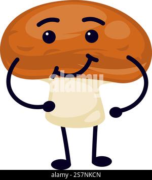 Pilzfigur mit lächelndem Gesicht, Händen und Beinen. Isolierter reifer Pilz, organisches und natürliches Gemüse mit positivem Maul und Schein in den Augen. Cartoon-Persönlichkeit oder Emoji. Vektor in abgewickelter Form. Reifer Pilzcharakter mit Gesichtsausdruck Stock Vektor