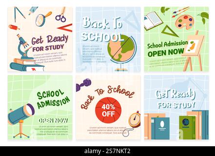 Social-Media-Post für den Schulverkauf. Webbanner-Kollektion mit flachen Bildungselementen, Vektorillustration. Schulzugang, Werbung für Kindergeschäfte bei Netzwerkseite. Social-Media-Post für den Schulverkauf Stock Vektor