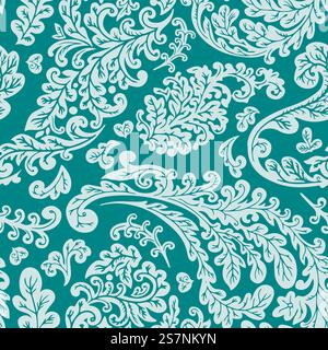 Blätter und Blumen Verzierung und Laub von Pflanzen und Wildblumen. Paisley-Design mit Ästen und Stielen. Nahtloses Muster, Hintergrundbild oder Hintergrund. Vektor in abgewickelter Darstellung. Zweige und Blätter, Zweige und Blumendekoration Stock Vektor