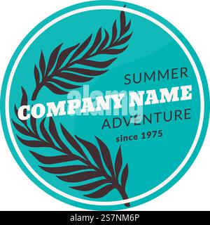 Firmenname auf Etikett oder Emblem, Werbelogo. Abgelegener Sommerabenteuerservice, Reise- und Urlaubsplanung, Aktivitäten für Familie und Freunde, Wochenenden. Vektor in abgewickelter Form. Sommerabenteuer, Logo und Firmenlogo Stock Vektor