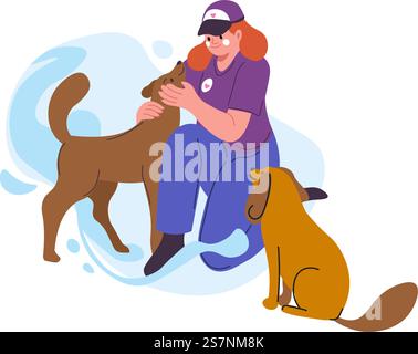 Ehrenamtliche Frau, die sich um streunende Tiere kümmert, isolierte Frau in Uniform, Mitarbeiterin der Organisation, die Hunde unterstützt. Ehrenamtliche Wohltätigkeit und Spende, nachdenkliche Persönlichkeit. Vektor in abgewickelter Darstellung. Wohltätigkeits- und Spendenpflege für streunende Tiere Vektor Stock Vektor