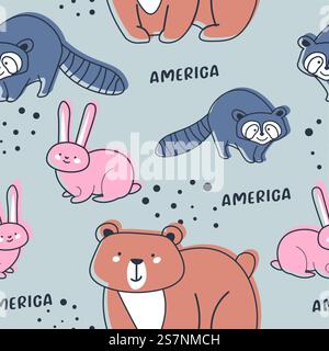 Tiere und Artenvielfalt Amerikas, Lebensräume und Bewohner von Parks und Zoos. Bär und Hase, Hase und Waschbär. Nahtloses Muster, Hintergrundbild oder Hintergrund. Vektor in abgewickelter Form. Amerikanische Tiere und Biodiversität, nahtloser Druck Stock Vektor