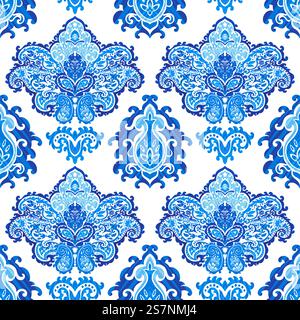 Blühende Blumen und Blätter, Laub und Vintage-Botanik-Dekoration. Retro-Design von Flora und Botanik Wirbeln und Zweigen. Nahtloses Muster, Hintergrundbild oder Hintergrund. Vektor in abgewickelter Form. Vintage Blumen Blätter und Zweige, Muster Stock Vektor