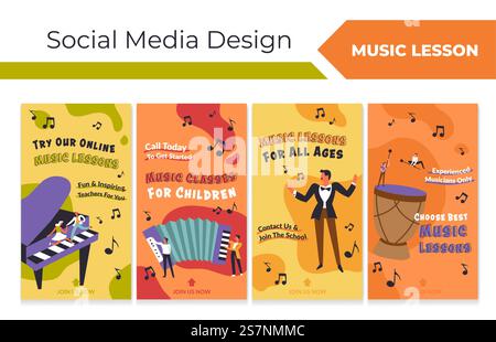 Geschichte in sozialen Medien mit Werbespot für Musikschulen. Netzwerk-Webseite Sammlung mit Mann Frau Charakter studieren Musik und spielen Instrumente, Vektor-Illustration. Online-Werbung für Bildungszwecke auf Banner. Geschichte in sozialen Medien mit Werbespot für Musikschulen Stock Vektor