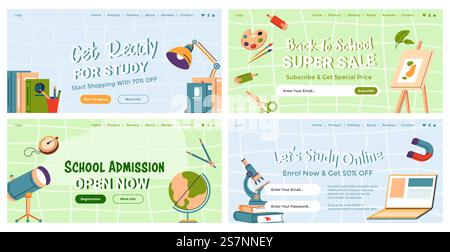 Web-Banner-Set für Werbung für Schulzulassungen. Back-to-School-Sonderangebot auf der Landing-Page, Vektorillustration. Farbenfrohe Design-Kollektion mit flachen Bildungselementen. Web-Banner-Set für Werbung für Schulzulassungen Stock Vektor