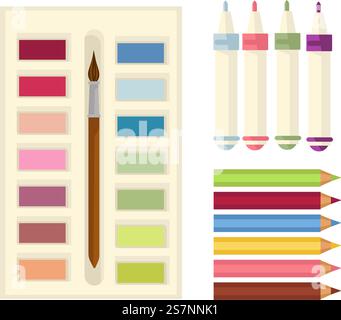 Zeichenausrüstung und Werkzeuge, Kit zum Lackieren mit Farbe. Isolierte Palette mit Pinsel, Textmarkern und Bleistiften oder Stiften. Kunstunterricht und Unterricht, Hobby und Aktivitäten. Vektor in abgewickelter Form. Farben für Zeichnungen, Textmarker und Bleistifte Stock Vektor