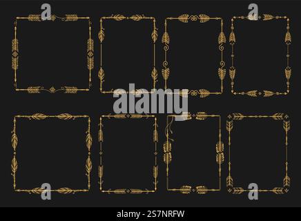 Rahmen mit goldenen Pfeilen. Indianische Elemente. Dekorative quadratische Boho-Borten. Handgezeichneter Bogenschießstil mit Kritzeleien. Verzierte Feder. Bowman-Waffe. O Stock Vektor
