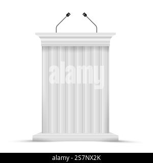 Weißes Lautsprecherpodium, Prediger Tribune. Konferenzbühne mit zwei Mikrofonen, Presse- oder Debattierkanzel. 3D-realistische Vektorillustr Stock Vektor