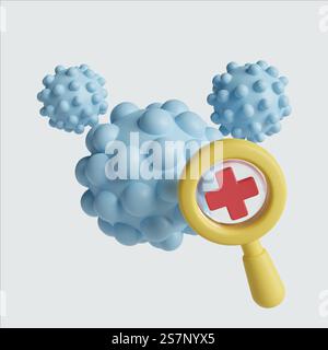 Verspielter 3D Virus Charakter mit einer Lupe, 3D Rendering Illustration. Stockfoto