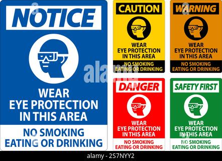 Warnschild Tragen Sie In Diesem Bereich Augenschutz, Rauchen Verboten Essen Oder Trinken Stock Vektor