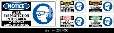 Warnschild Tragen Sie In Diesem Bereich Augenschutz, Rauchen Verboten Essen Oder Trinken Stock Vektor