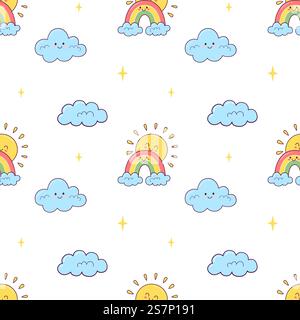 Trendiges nahtloses Muster mit niedlichen Wetterelementen wie Sonne, Regenbogen und Wolken. Vektorillustration für Verpackung und Textil Stock Vektor