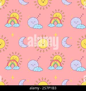 Niedliches nahtloses Muster mit Kawaii-Wolken, Regenbogen und Sternen. Muster für Stoff, Tapeten, Geschenkpapier, Kinderbekleidung, Babyartikel. Stock Vektor