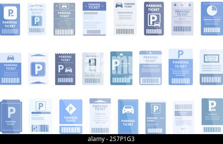 Symbole für Parktickets legen den Cartoon-Vektor fest. Parkplatz. Los zahlen. Symbole für Parktickets legen den Cartoon-Vektor fest. Parkplatz Stock Vektor