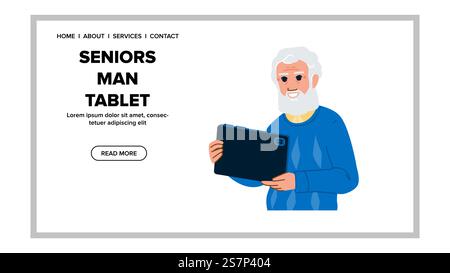Leser Seniorenmann Tablettenvektor. Seniorengeschäft, Haus glücklich, Brille Männer lesen Senioren Mann Tablet Web flache Zeichentrickillustration. Leser Seniorenmann Tablettenvektor Stock Vektor