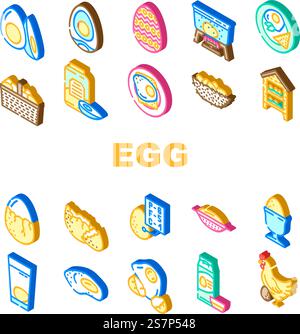 Hühnerei Farm braune Symbole setzen Vektor. Hühner Bio, Geflügelfutter, osterküken, Korbnest, isoliert, Produktkochen Hühnerei-Bauernhof mit braunen isometrischen Schildern. Hühnerei Farm braune Symbole setzen Vektor Stock Vektor