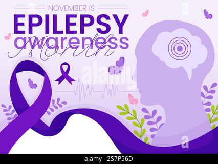 Epilepsie-Bewusstsein Monat Vektor-Illustration wird jedes Jahr im November mit Gehirn und psychische Gesundheit in Flat Cartoon Purple Hintergrund beobachtet Stock Vektor