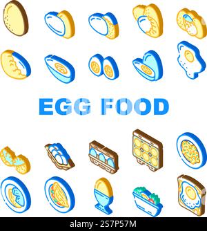 Eiernahrung gesund frisch Symbole setzen Vektor. Frühstück weiß, Fleisch Küche, braune ostern, Gemüse kochen, Hühnchen Protein Ei Essen gesunde frische isometrische Zeichen Illustrationen. Eiernahrung gesund frisch Symbole setzen Vektor Stock Vektor