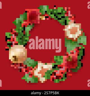 Realistisches Weihnachtsdekor mit stechpalmenbeeren, Zweigen von Weihnachtsbäumen, Keksen und roten weihnachtsbaumkugeln. Festlicher Hintergrund mit Dekor in Form eines Kreises. Vektorkarte Neujahr. Realistisches Weihnachtsdekor mit stechpalmenbeeren, Zweigen von Weihnachtsbäumen, Keksen und roten weihnachtsbaumkugeln. Festlicher Hintergrund mit Dekor in Form eines Kreises Stock Vektor