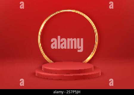 Zwei rote runde Podeste und goldene Einrichtung in kreisförmiger Form. Konzept der Preisverleihung. Abstrakte Szene mit zylindrischen Podesten. Geometrie Form Plattform. Zwei rote runde Podeste und goldene Einrichtung in kreisförmiger Form. Konzept der Preisverleihung. Abstrakte Szene mit zylindrischen Podesten Stock Vektor
