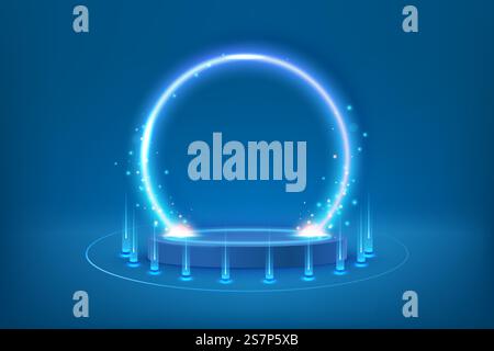 Portal- oder kreisförmiger futuristischer Teleport. Magisches Tor im Fantasy-Spiel. Futuristisches Technologiedesign. Podiumsockel auf Werbeträgern. SCI-fi-Elemente mit Licht. Portal- oder kreisförmiger futuristischer Teleport. Magisches Tor im Fantasy-Spiel. Futuristisches Technologiedesign. Podiumsockel auf Werbeträgern Stock Vektor