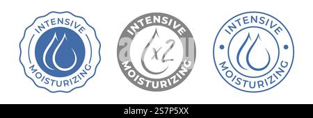 Hydration Moisturizer Icon, feuchtigkeitsspendende Wassertropfen Vektor-Logo für kosmetische Hydrate Creme. Formel Icon mit intensivem doppeltem Hydrationseffekt für Feuchtigkeitspflege und Hautpflege-Creme Stock Vektor