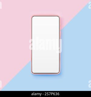 Pinkes realistisches Smartphone-Modell auf pastellfarbenem Hintergrund. 3D-Mobiltelefon mit leerem weißen Bildschirm. Moderne Handyvorlage. Pinkes realistisches Smartphone-Modell auf pastellfarbenem Hintergrund. 3D-Mobiltelefon mit leerem weißen Bildschirm Stock Vektor