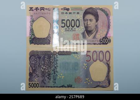Taipeh, Taiwan-20. Januar 2025 Japanische 5000-Yen-Banknote Vorder- und Rückseite Stockfoto
