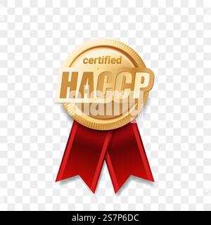HACCP-zertifiziertes Preisband, Abzeichen für Lebensmittelsicherheit und -Qualität, goldene Vektor-Medaille. HACCP-Zertifikat Gold-Garantiestempel, Zertifizierungskontrolle Garantieschild, Gefahrenanalyse kritische Kontrollpunkte Stock Vektor