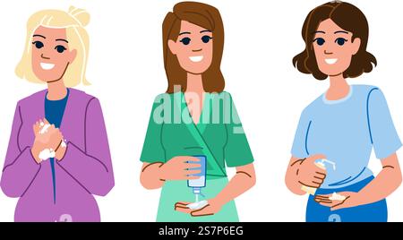 Waschen Sie desinfizierende Hände Frau Vektor. Hygiene Coronavirus, sauber antibakteriell, Pflege Alkohol waschen desinfizierende Hände Frau Charakter. Leute flache Zeichentrickgrafik Illustration. Waschen Sie desinfizierende Hände Frau Vektor Stock Vektor