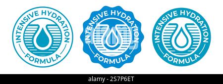 Hydration Symbol, feuchtigkeitsspendende Wassertropfen Vektor-Logo für kosmetische Produkte Paket. Formel Icon mit intensiver Hydration-Effekt für Feuchtigkeitspflege, Hautpflegecreme und Hyaluronsäure-Serum Stock Vektor