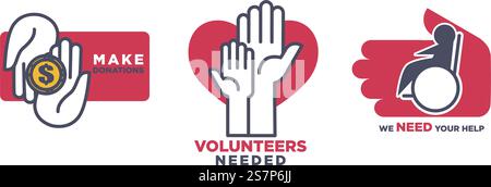 Ehrenamtliche Tätigkeit und Spende, isolierte Symbole oder Banner mit Händen, die Menschen in Not helfen und helfen. Freiwillige und Wohltätigkeitsorganisationen, Helfer und Mentoren, die finanzielle Mittel spenden. Vektor in abgewickelter Form. Spende, wir brauchen deine Hilfe, die freiwillig ist Stock Vektor