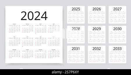 Kalender für 2024, 2025, 2026, 2027, 2028, 2029, 2030, 2031, 2032, 2033 Jahre. Woche beginnt Sonntag. Planerlayout... 2024, 2025, 2026, 2027, 2028, Kalender für 2029, 2030, 2031, 2032, 2033 Jahre. Planer-Vorlage. Vektorabbildung. Stock Vektor