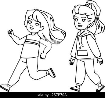 Kleines Mädchen langsamer schneller Vektor. Kinderfamilie, Tochter Natur, glückliche Zukunft, Flugzeugbalkon, Fahrrad Feld Kind Mädchen langsame schnelle Charakter. Abbildung „People Black Line“. Kleines Mädchen langsamer schneller Vektor Stock Vektor