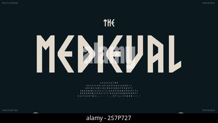 Mittelalterliches Alphabet, nordische mehrsprachige Schriftart, traditionelle einfache skandinavische Schriftart für Wikinger- und keltisches Logo, Überschrift und Typografie. Vektortypografisches Design. Mittelalterliches Alphabet, nordische mehrsprachige Schriftart, traditionelle einfache skandinavische Schriftart für Wikinger- und keltisches Logo, Überschrift und Typografie. Vektortypografisches Design. Stock Vektor