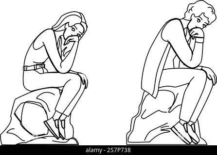 Skulpturendenker Phylosophievektor. Mann denken, Statue Person, Wissenschaft alte Skulptur Denker Phylosophie Charakter. Abbildung „People Black Line“. Skulpturendenker Phylosophievektor Stock Vektor