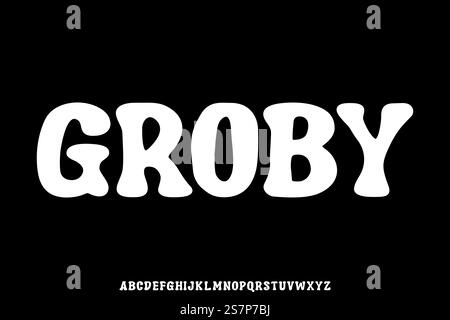 Der Schriftartvektor wird in einem markanten, groovy Retro-Stil mit alphabetischer Schrift angezeigt. Einzigartiges verspieltes Design im Typographiestil Stock Vektor