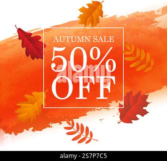 Herbstverkaufsplakat Mit Orange Blot Und Herbstlaub Verlaufsgitter, Vektor-Illustration. Herbstposter Mit Orange Blot Und Herbstlaub Stock Vektor
