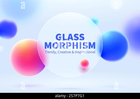 3D kreatives Glasmorphismus-Hintergrunddesign. Transparente runde Glasscheibe mit bunten geometrischen Kugeln. Geeignet für Geschäftspräsentationen. 3D-Glasmorphismus-Hintergrunddesign Stock Vektor