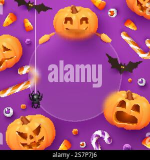 Halloween-Banner mit Süßigkeiten, Spinnen, Fledermäusen und Kürbissen auf violettem Hintergrund. Der Glassmorphismus-Effekt. Halloween Banner Vorlage mit realistischen Jack O Lantern Kürbissen. Halloween-Banner mit Süßigkeiten, Spinnen, Fledermäusen und Kürbissen auf violettem Hintergrund. Der Glassmorphismus-Effekt. Halloween-Banner-Vorlage mit Jack O Lantern Kürbissen Stock Vektor