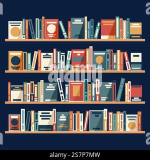 Regale mit bunten Büchern im flachen Design. Bücherregale aus Holz mit bunten Büchern. Schularchiv und Buchhandlung, Bücherregal und Bücherregal. Regale mit bunten Büchern im flachen Design. Hölzerne Bücherregale mit Büchern. Schularchiv und Buchhandlung, Bücherregal und Bücherregal Stock Vektor