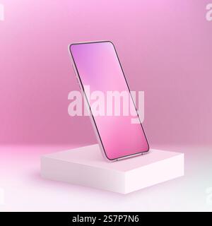 Pinkfarbenes, realistisches Smartphone-Modell auf dem quadratischen Podium. 3D-Mobiltelefon mit Farbverlauf. Moderne Handyvorlage auf violettem Hintergrund. Abbildung: 3D-Bildschirm des Geräts. Pinkfarbenes, realistisches Smartphone-Modell auf dem quadratischen Podium. 3D-Mobiltelefon mit Farbverlauf. Moderne Handyvorlage auf violettem Hintergrund Stock Vektor