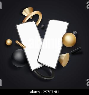 Zwei weiße, realistische Smartphone-Modelle mit fließenden, realistischen Geometrieelementen auf dunklem Hintergrund. 3D-Mobiltelefone mit leerem weißen Bildschirm. Moderne Handys Vektorvorlage. Abbildung: 3D-Bildschirm des Geräts. Zwei weiße, realistische Smartphone-Modelle mit fließenden, realistischen Geometrieelementen auf dunklem Hintergrund. 3D-Mobiltelefone mit leerem weißen Bildschirm Stock Vektor