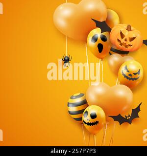 Halloween-Banner mit fliegenden Kürbissen, Fledermaus, Spinne und Geisterballons auf orangem Hintergrund. Halloween-Hintergrund mit gruseligen Luftballons. Weihnachtsgrußkarte. Halloween-Banner mit fliegenden Kürbissen, Fledermaus, Spinne und Geisterballons auf orangem Hintergrund. Halloween-Hintergrund mit gruseligen Luftballons Stock Vektor